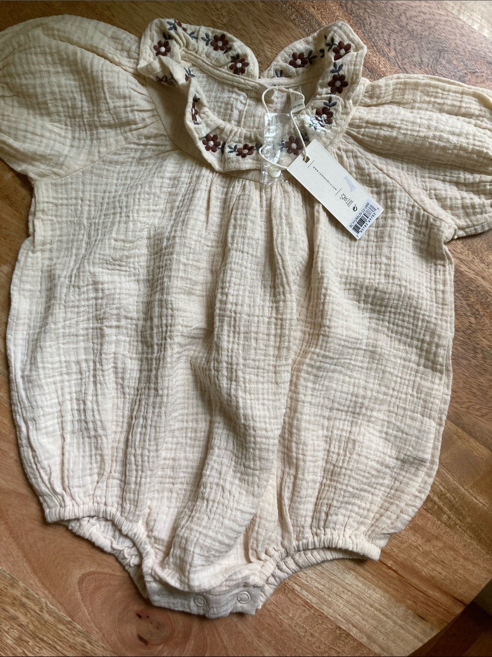 Rylee + Cru Cream Muslin Romper with Brown Floral Embroidered Collar
